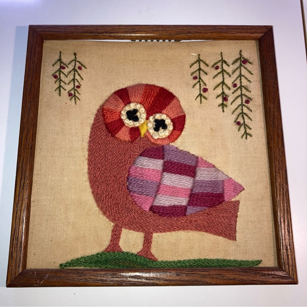 Colorful Owl Fiber Art Wall Hanging Frame Child Bedroom Old Canvas Needlepoint